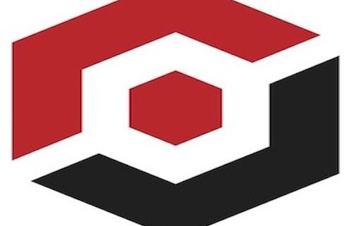 Hexagonal logo with red, black, and white colors.