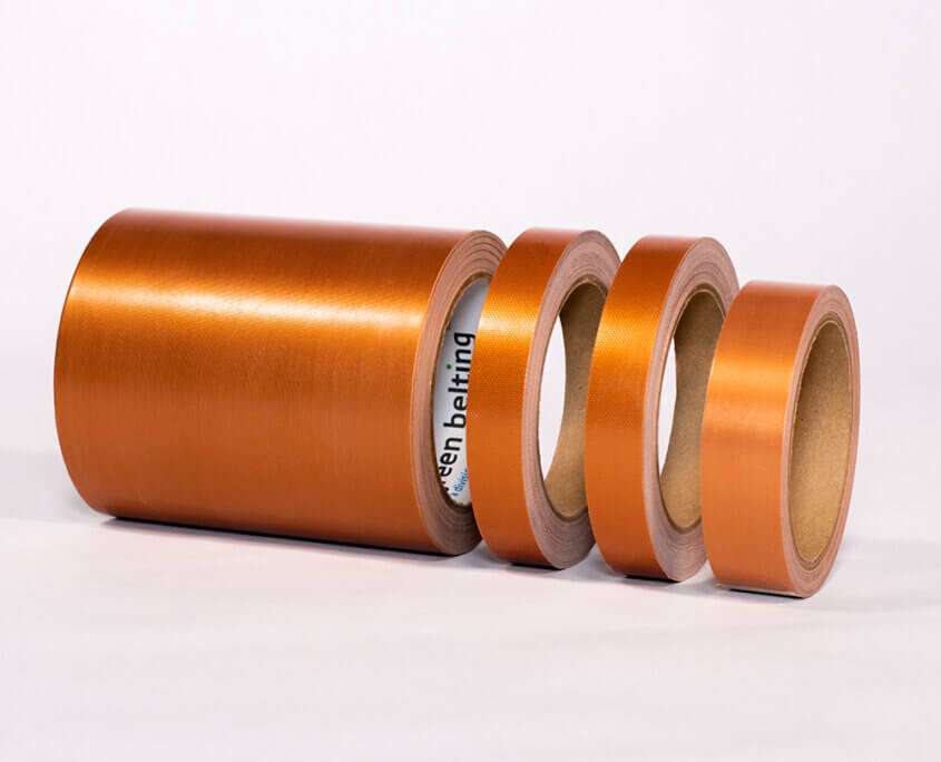 Reinforced PTFE fabric with heavy-duty fiberglass base and thick PTFE coating for high-durability heat sealing and chemical resistance