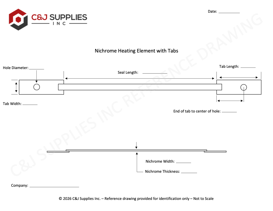 Custom flat heating element drawing with mounting tabs for impulse heat sealers