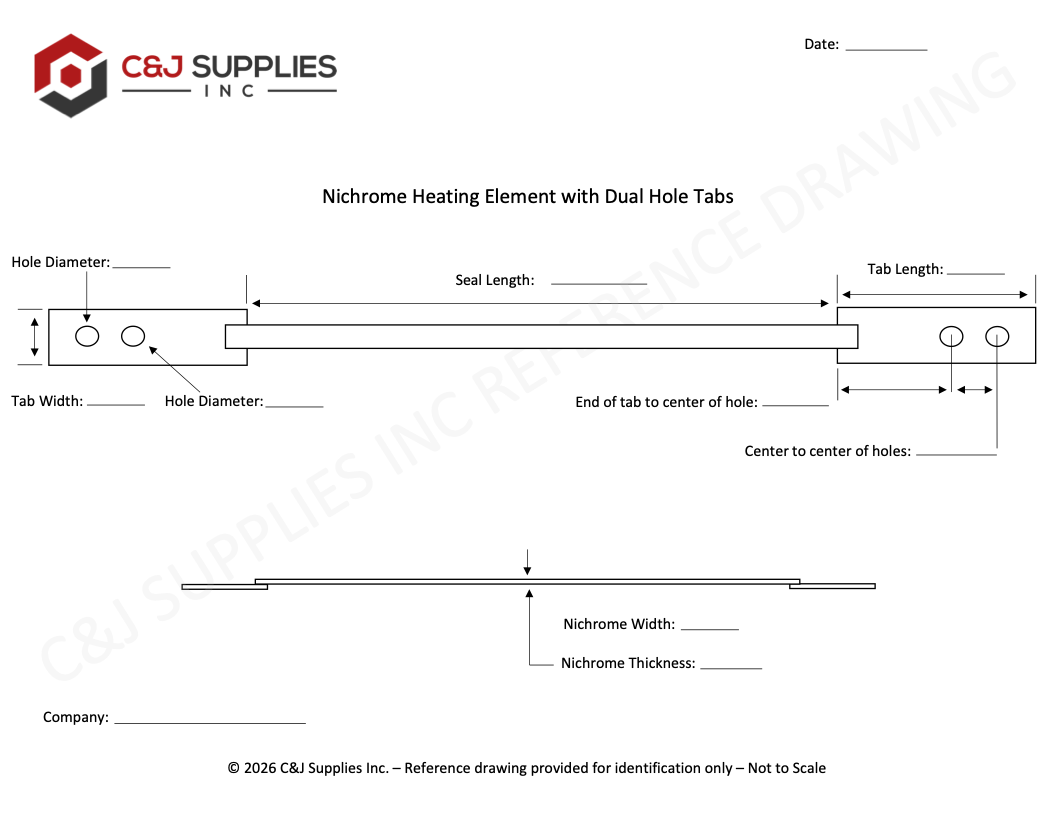 Custom flat heating element drawing with dual-hole mounting tabs for impulse heat sealers