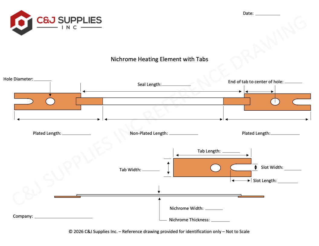 Custom copper plated heating sealing element drawing with a slot and hole mounting tab for impulse heat sealers