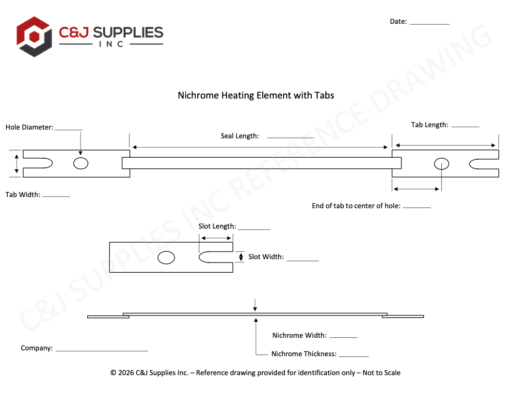 Custom heating sealing element drawing with a slot and hole mounting tab for impulse heat sealers