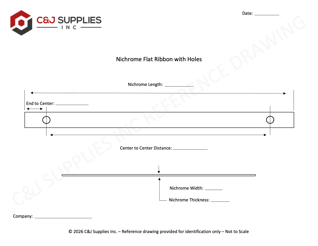 Nichrome flat ribbon reference drawing with mounting holes for impulse heat sealers