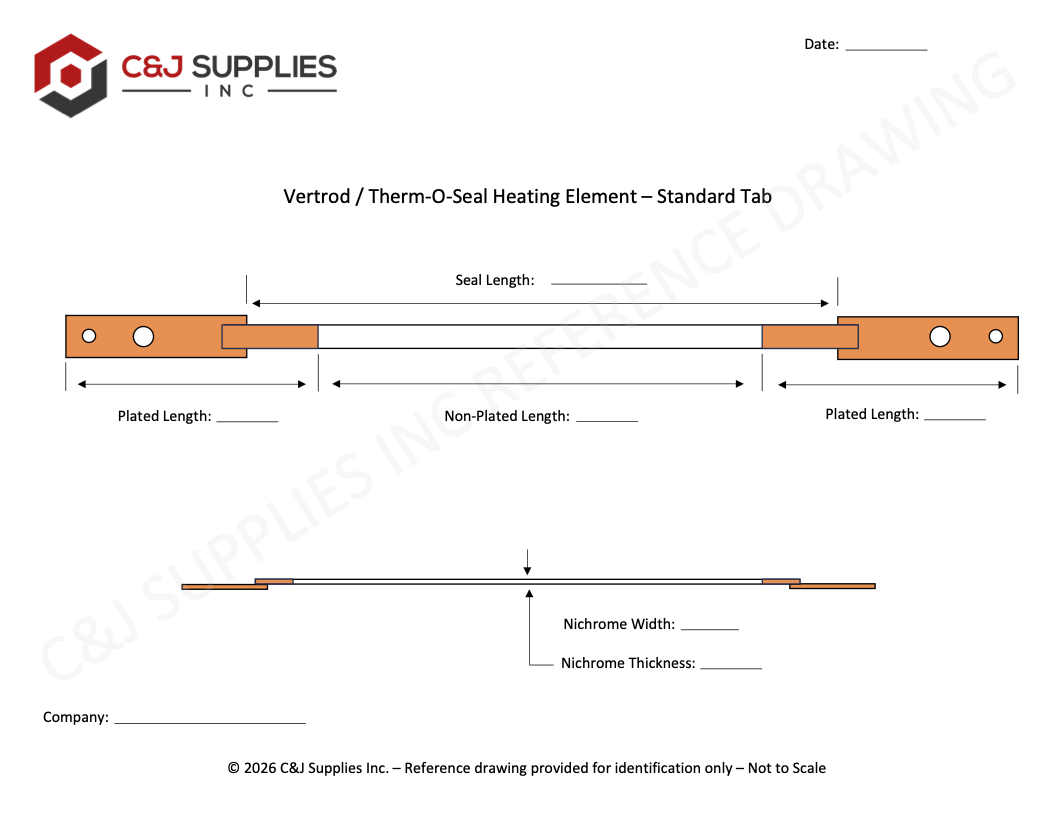 Copper-plated heating element drawing for Vertrod and Therm-O-Seal impulse heat sealers