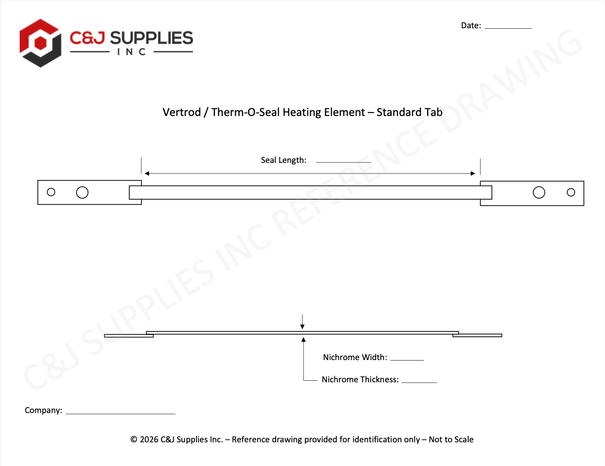 Standard tab heating element drawing for Vertrod and Therm-O-Seal impulse heat sealers