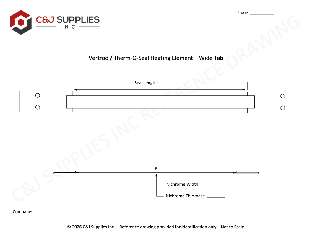 Wide tab heating element drawing for Vertrod and Therm-O-Seal impulse heat sealers