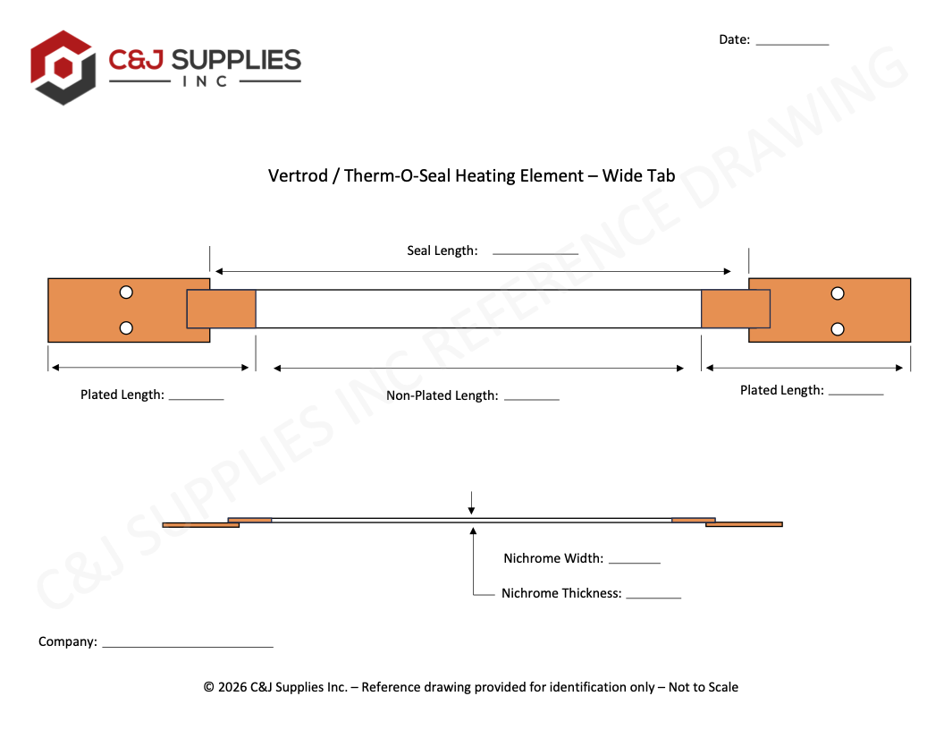 Copper plated wide tab heating element drawing for Vertrod and Therm-O-Seal impulse heat sealers